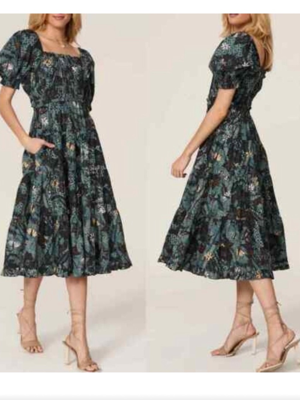 Ulla Johnson Iliana Rainforest Floral Short Puff Sleeves Midi
Poplin Dress